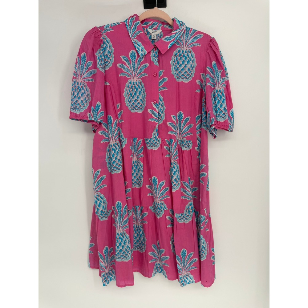 Crown & Ivy Pink Pineapple Tiered Mini Shirt Dress XL NWT Short Sleeve Puff